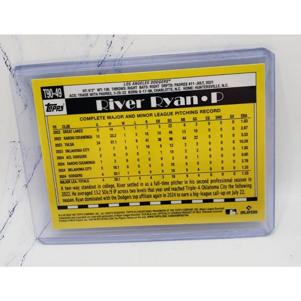2025 Topps #T90-49 River Ryan 1990 Topps Baseball 35th Anniversary RC - Picture 2 of 4